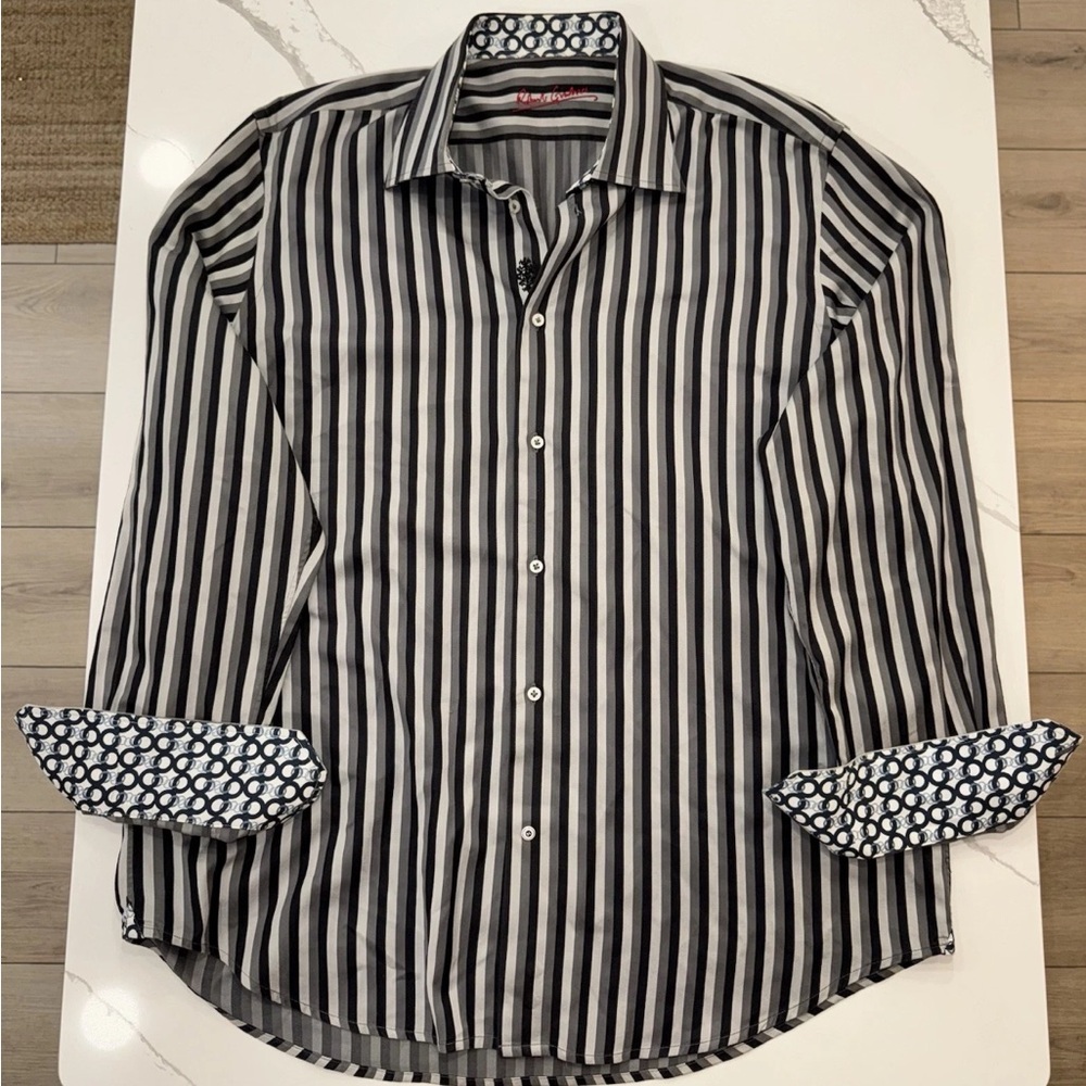 Robert Graham Black and White Vertical Stripe Button-Down Shirt, price is firm